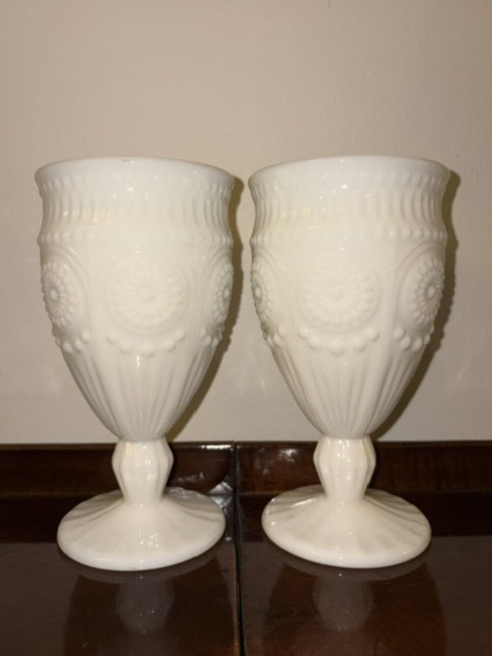 Pair of Pioneer Woman Adeline Snow Milk Glass Footed Goblets EUC